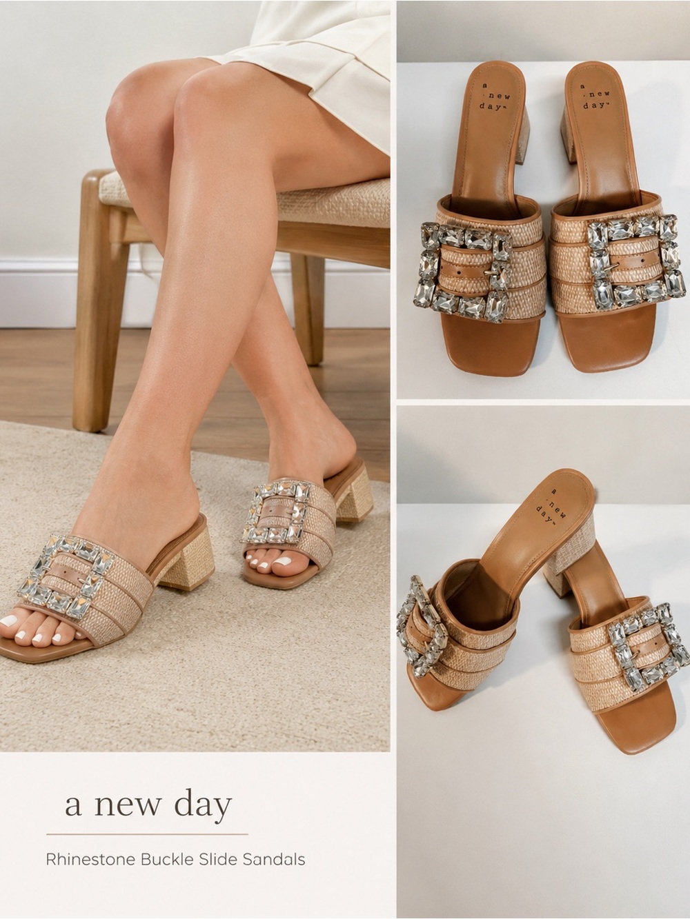 A New Day Kathleen Raffia Buckle Block Heel Slide Sandals Tan Women's Size 8